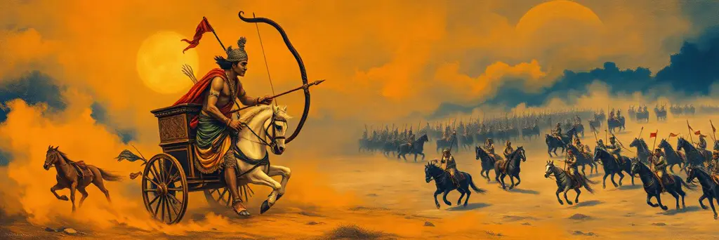 Arjuna lowering his bow on the chariot before the two armies