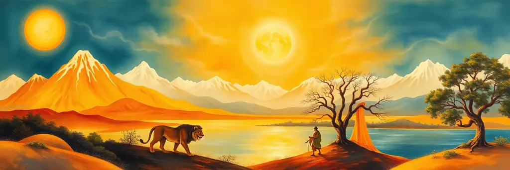 Divine glories: sun, Himalaya, river and lion