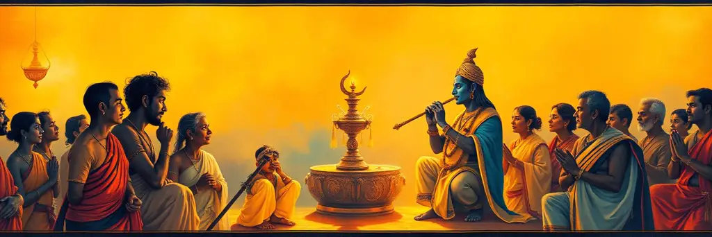Devotees gathered before Krishna playing the flute