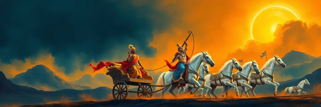 Arjuna resolute beside Krishna on the chariot at sunrise