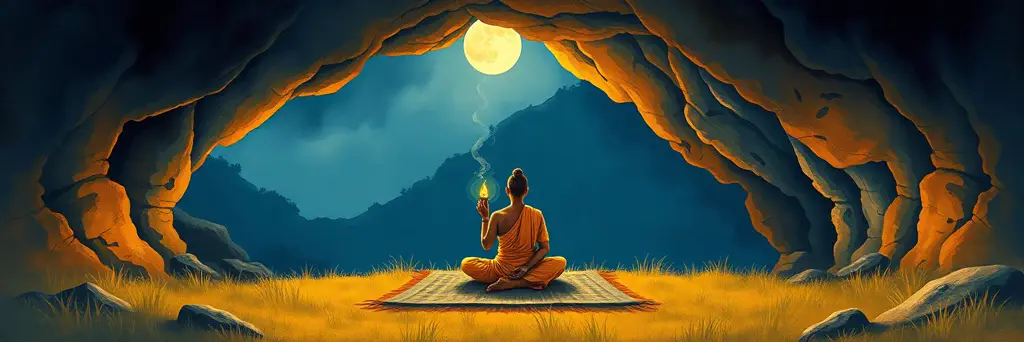 A yogi seated in meditation before a steady lamp flame