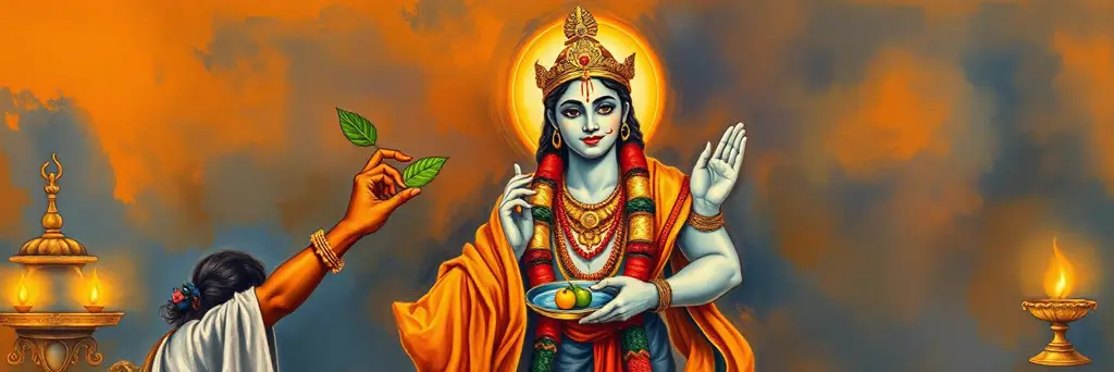 A devotee offering a leaf, flower and fruit to Krishna